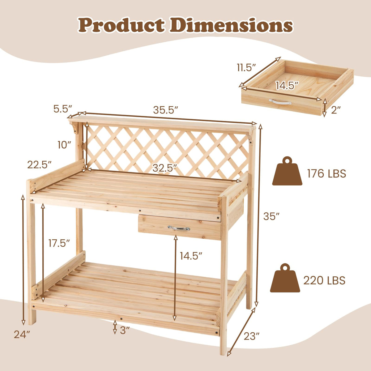 Lucktree Wood Potting Table with 3 Tier Shelves