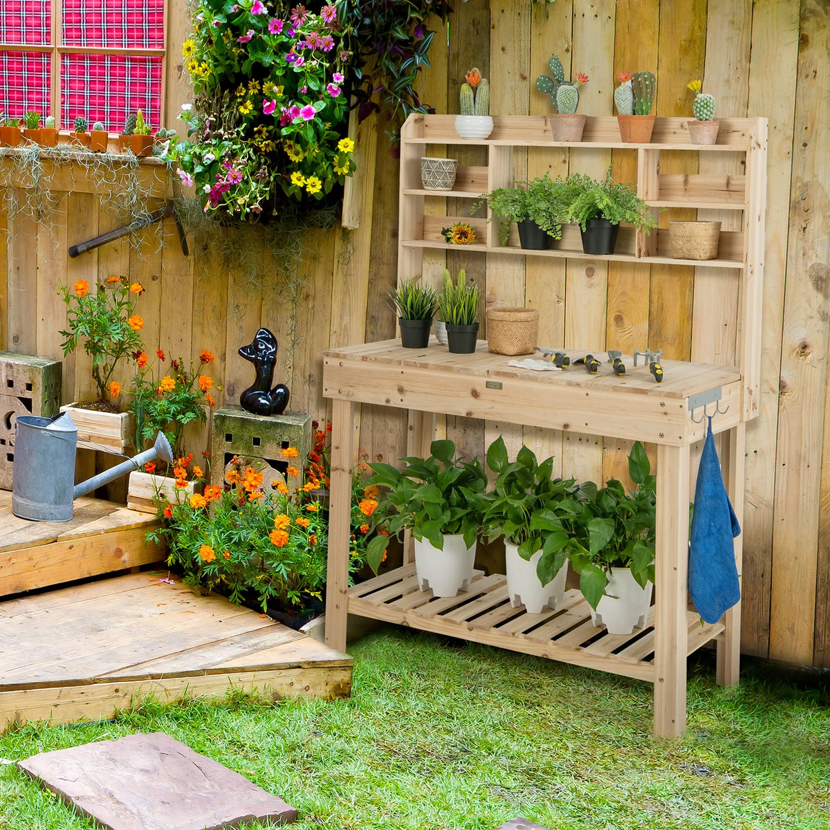 Lucktree Garden Potting Bench Table, Large Workbench Table with Shelves, 43.5"x19.5"x 60.5"