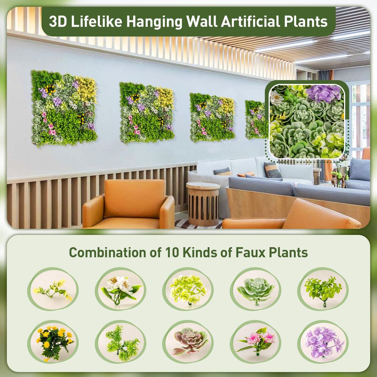 Lucktree 2 Pack Hanging Artificial Plants Panels, 20" x 20" Square Framed 3D Greenery Wall Art Decor