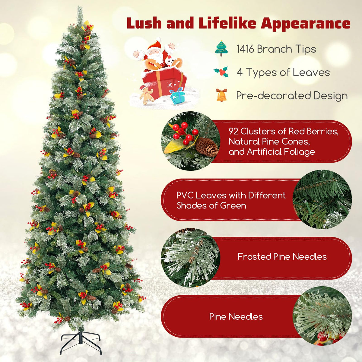 Lucktree 9ft Pre-Lit Artificial Christmas Tree, Hinged Xmas Tree with 1416 PVC & Pine Needles