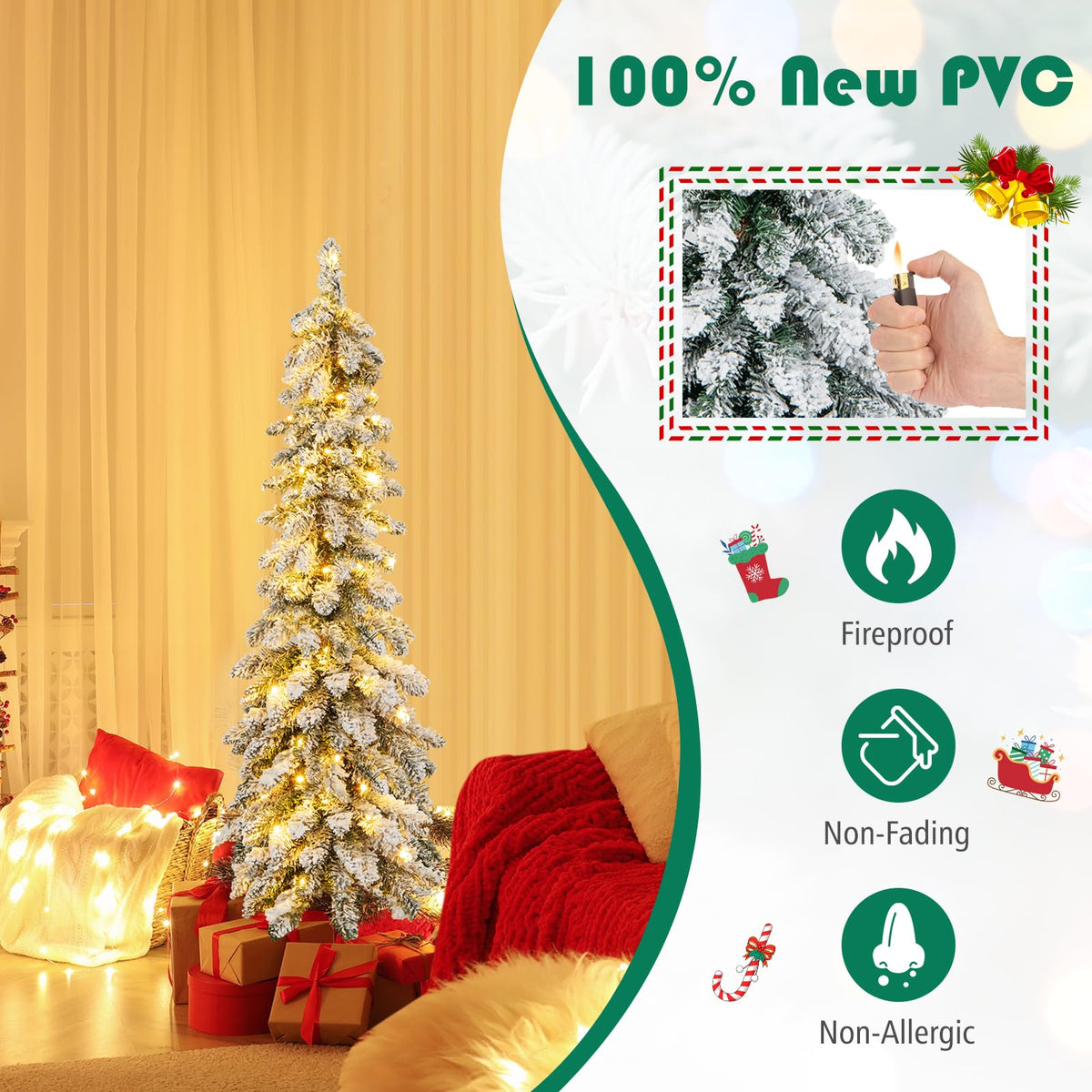 Lucktree Pre-Lit Flocked Pencil Christmas Tree Artificial Slim Xmas Tree