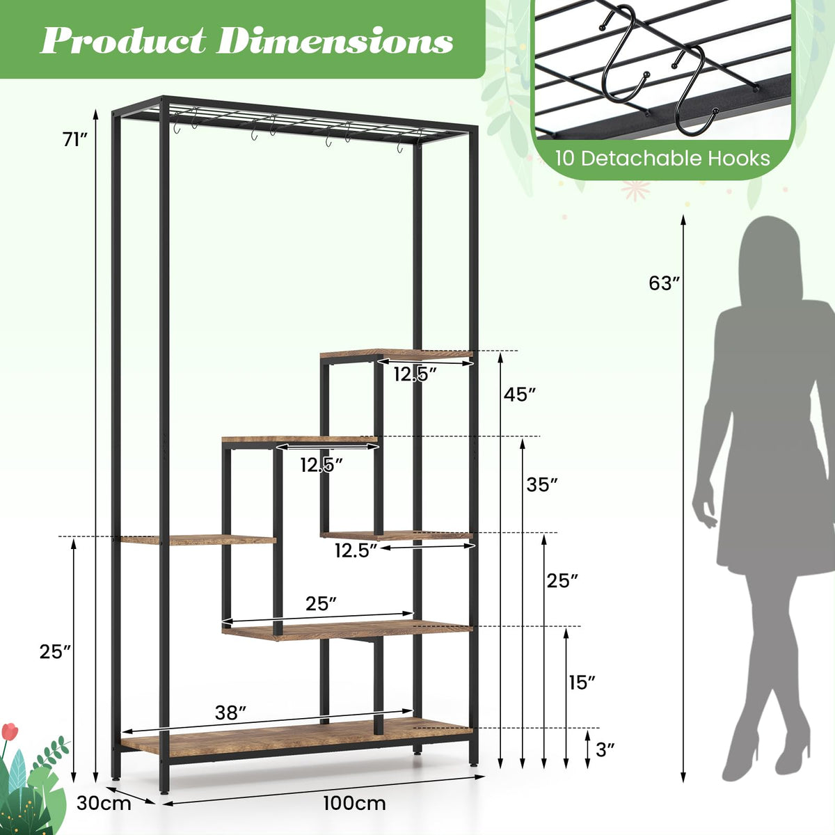 Lucktree 71" Tall Plant Stand Indoor, 6-Tier Metal Plant Shelf with 10 Hanging Hooks