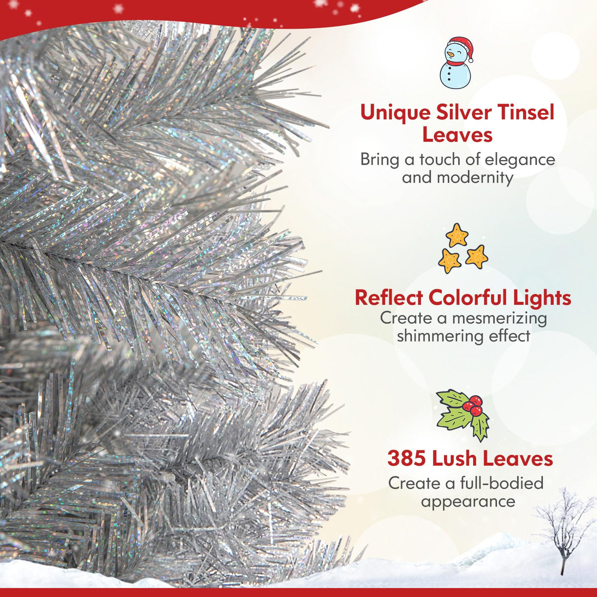 Lucktree 5ft / 6ft / 7 ft Pre-Lit Silver Tinsel Christmas Tree with Warm White LED Lights
