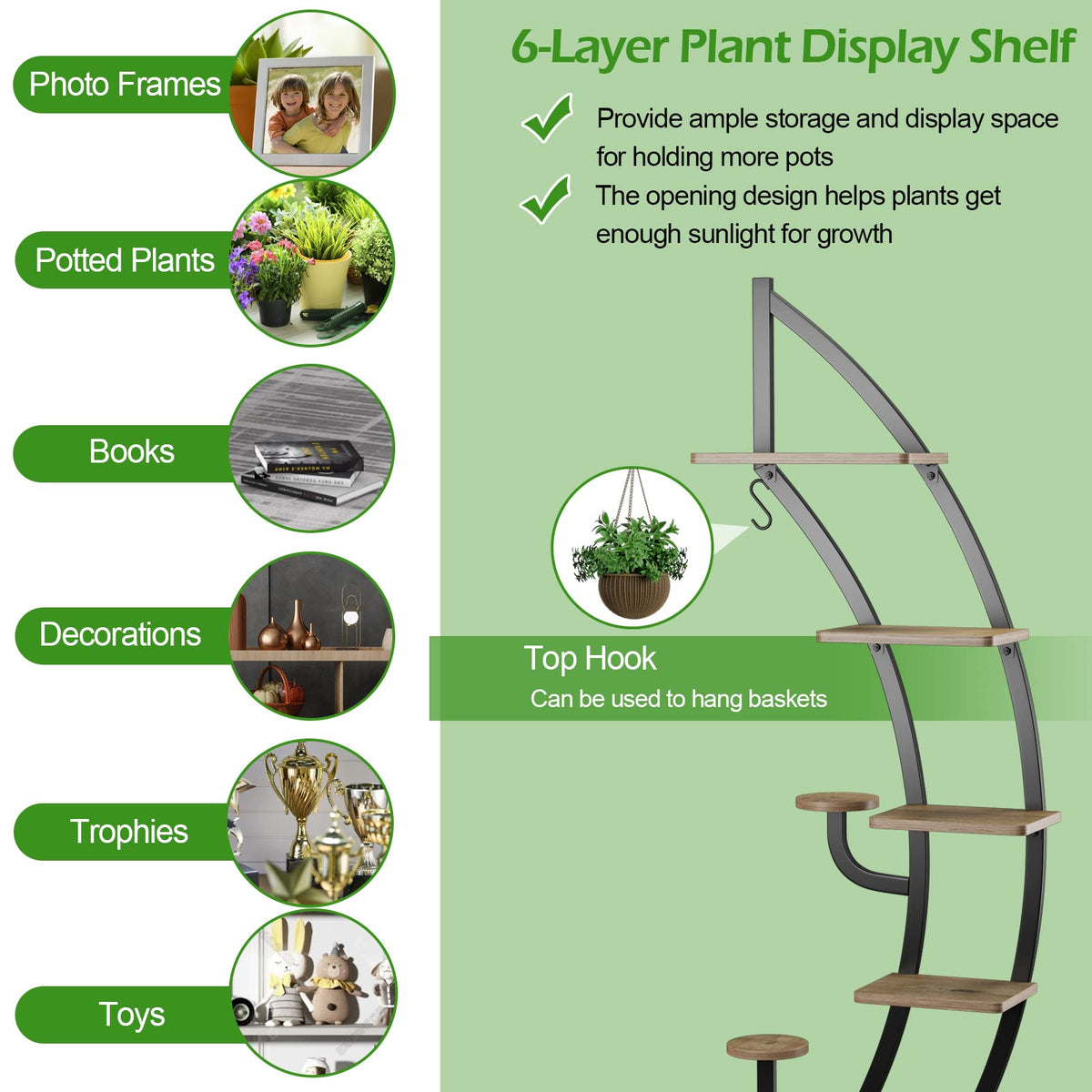 Lucktree 6 Tier Metal Plant Stand Indoor, 61" Half Moon Plant Shelf
