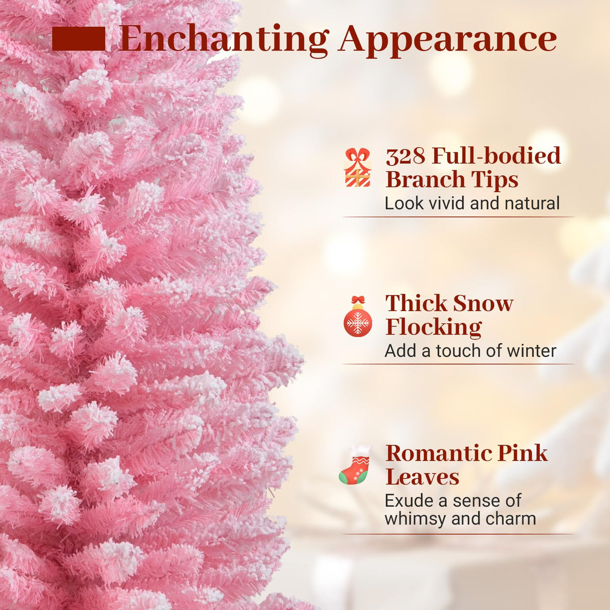 Lucktree 5ft / 6ft Pink Slim Pencil Christmas Tree | Snow Flocked Skinny Xmas Full Tree