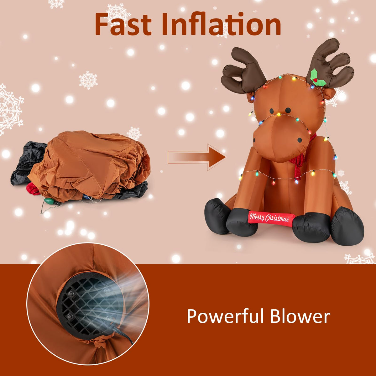 Lucktree 8.5 FT Tall Multi-Color Lighted Xmas Inflatable Reindeer Sitting on The Ground