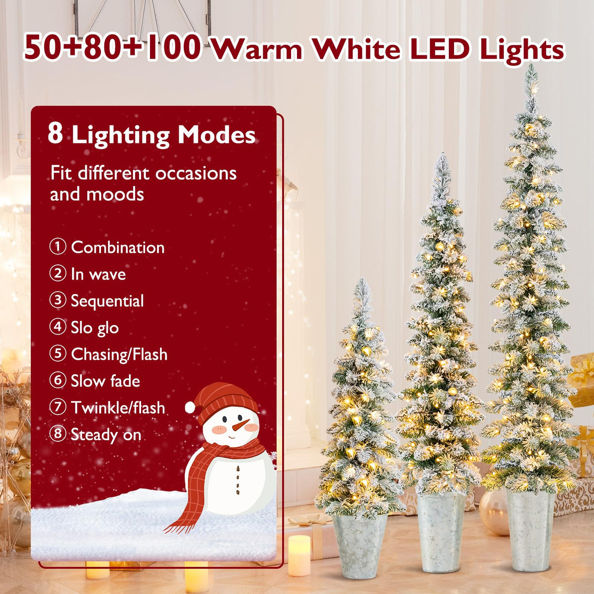 Lucktree 3' 4' 5' Pre-Lit Snow Flocked Christmas Tree Set of 3, Slim Pencil Artificial Potted Xmas Trees with 423 Branch Tips