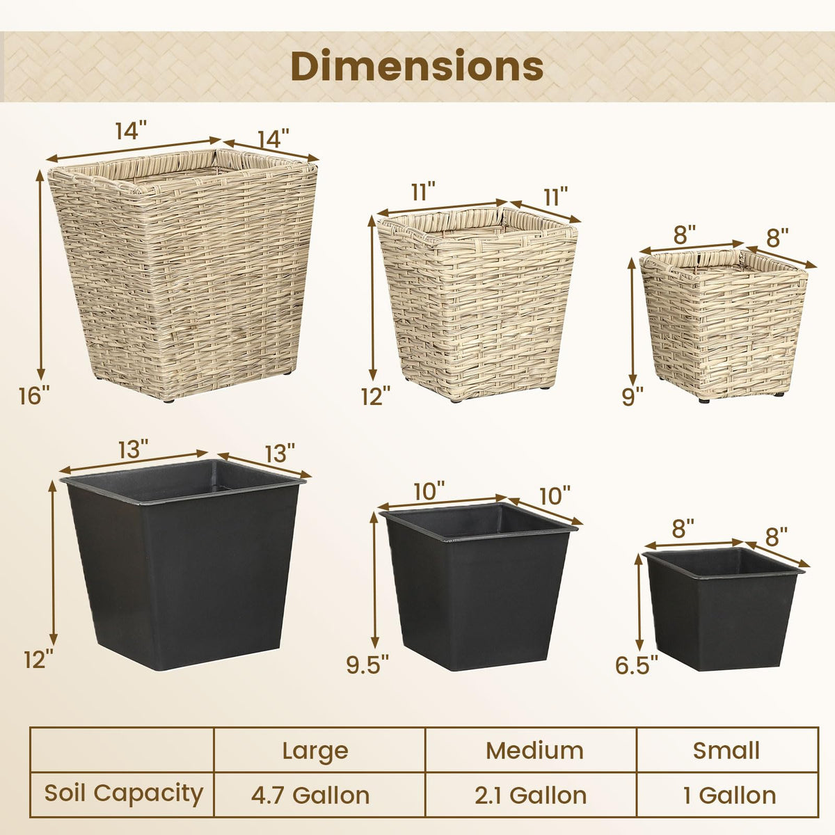 Lucktree 3-Piece Rattan Planter Box Kit with Removable Plastic Liners