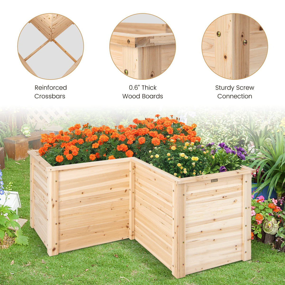 Lucktree Raised Garden Bed, 47.5" x 47.5" x 24.5" Wooden Planter Box, Outdoor L-Shaped Deep Garden Bed for Sapling Flower Herb Vegetable Fruit