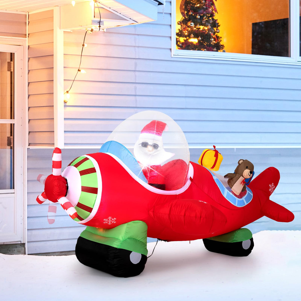 Lucktree 7.2 Ft Animated Inflatable Santa on Plane Pre-lit Blow up Yard Decoration