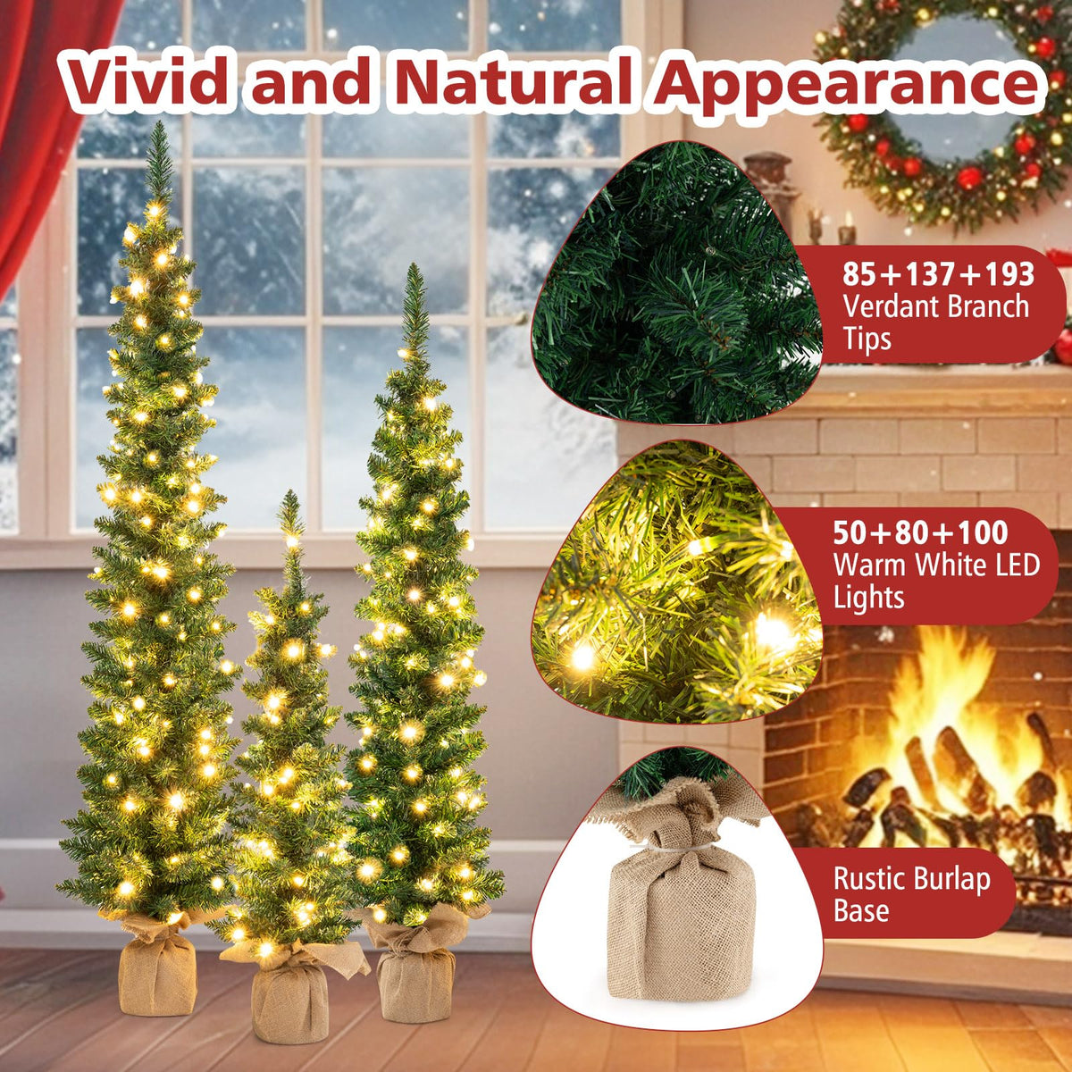 Lucktree 3' 4' 5' Pre-Lit Artificial Christmas Tree Set of 3