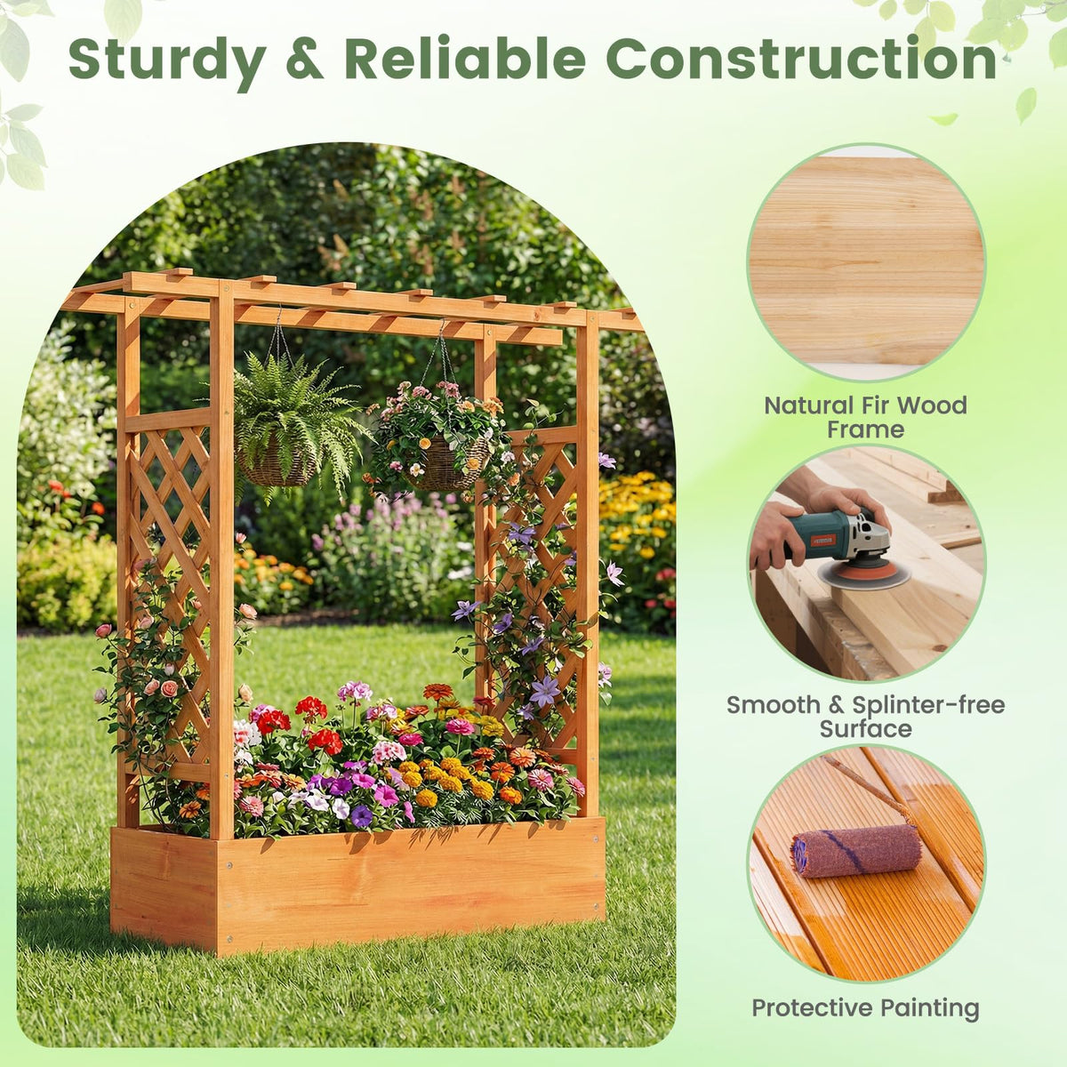 Lucktree Wooden Raised Garden Bed with Trellis & Hanging Roof