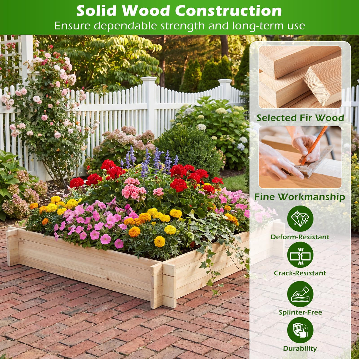 Lucktree 40" x 40" Square Fir Wood Planter Box with Open-Ended Base for Vegetables Flowers Herbs