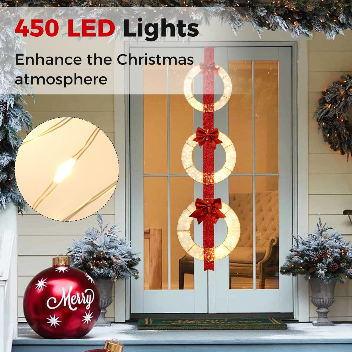 Lucktree Set of 3 Pre-Lit Wreaths, 5.8 FT Xmas Light-up Decorations on Red Ribbon with 450 LED Lights