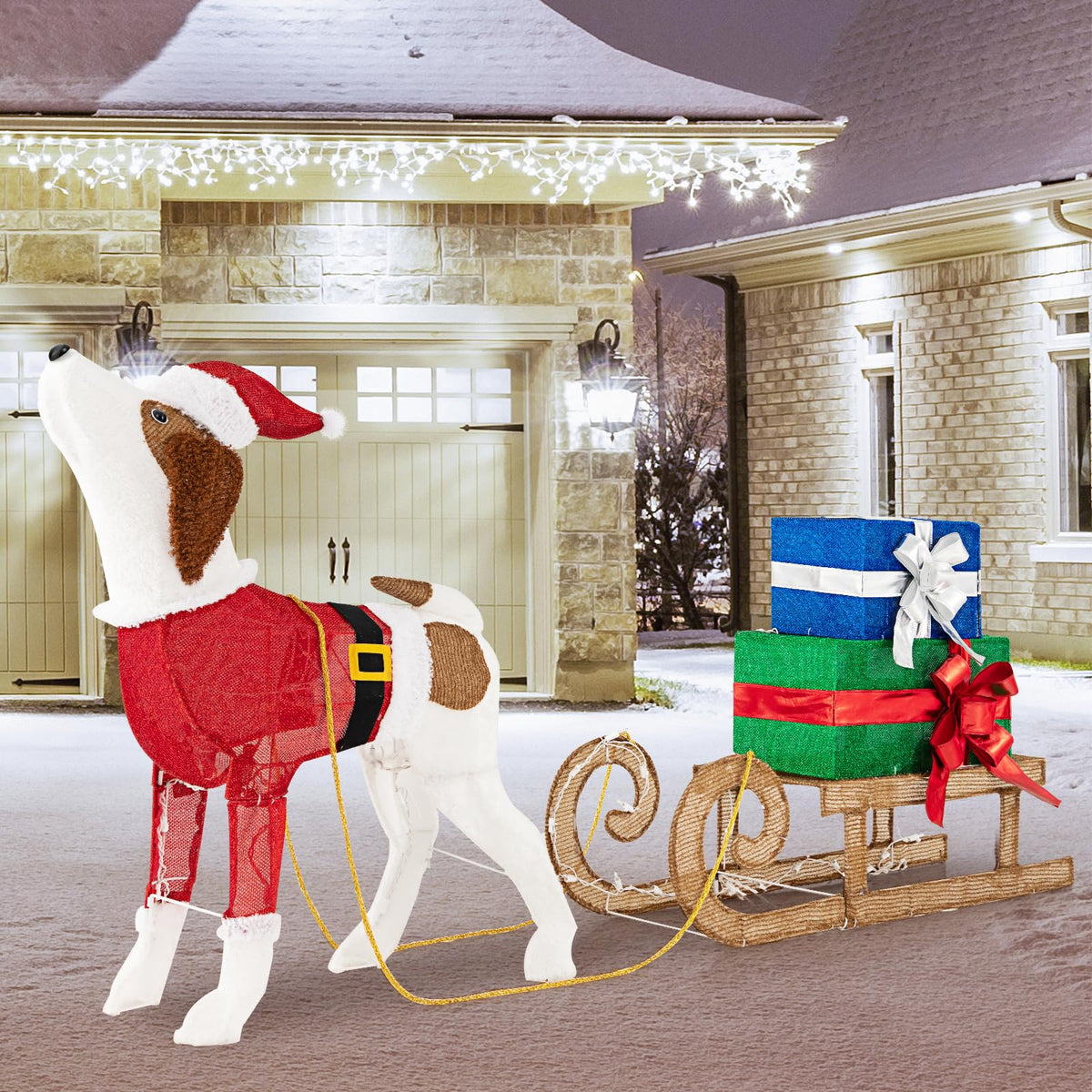 Lucktree Lighted Christmas Dog with Sleigh & Gift Boxes Combo Decorations