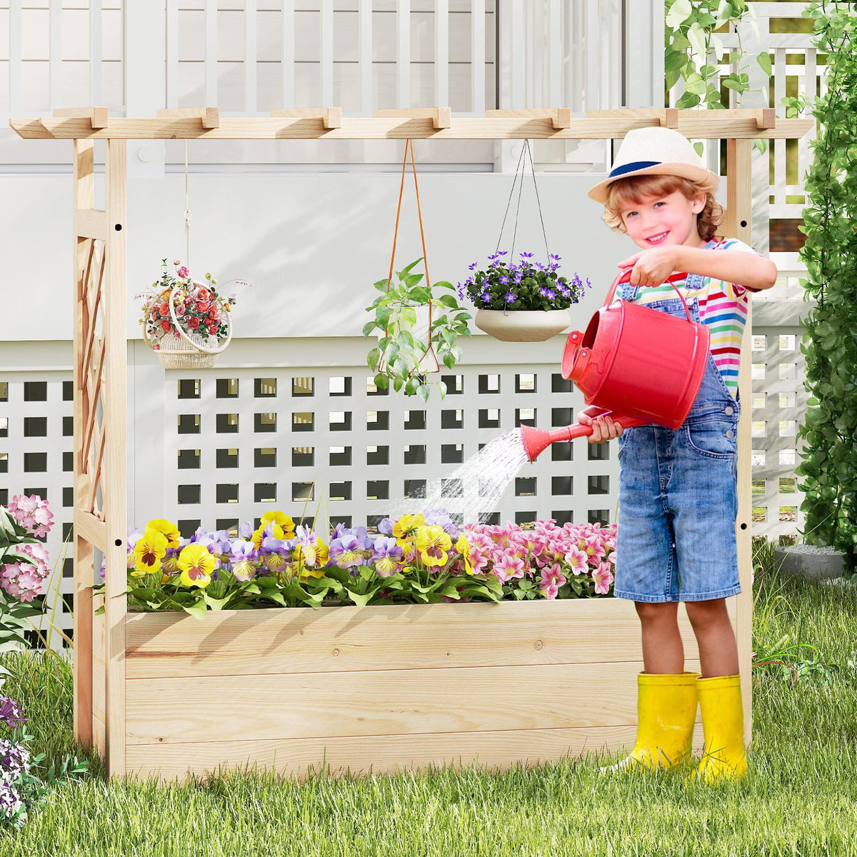 Lucktree Raised Garden Bed with Sided Trellis and Hanging Roof