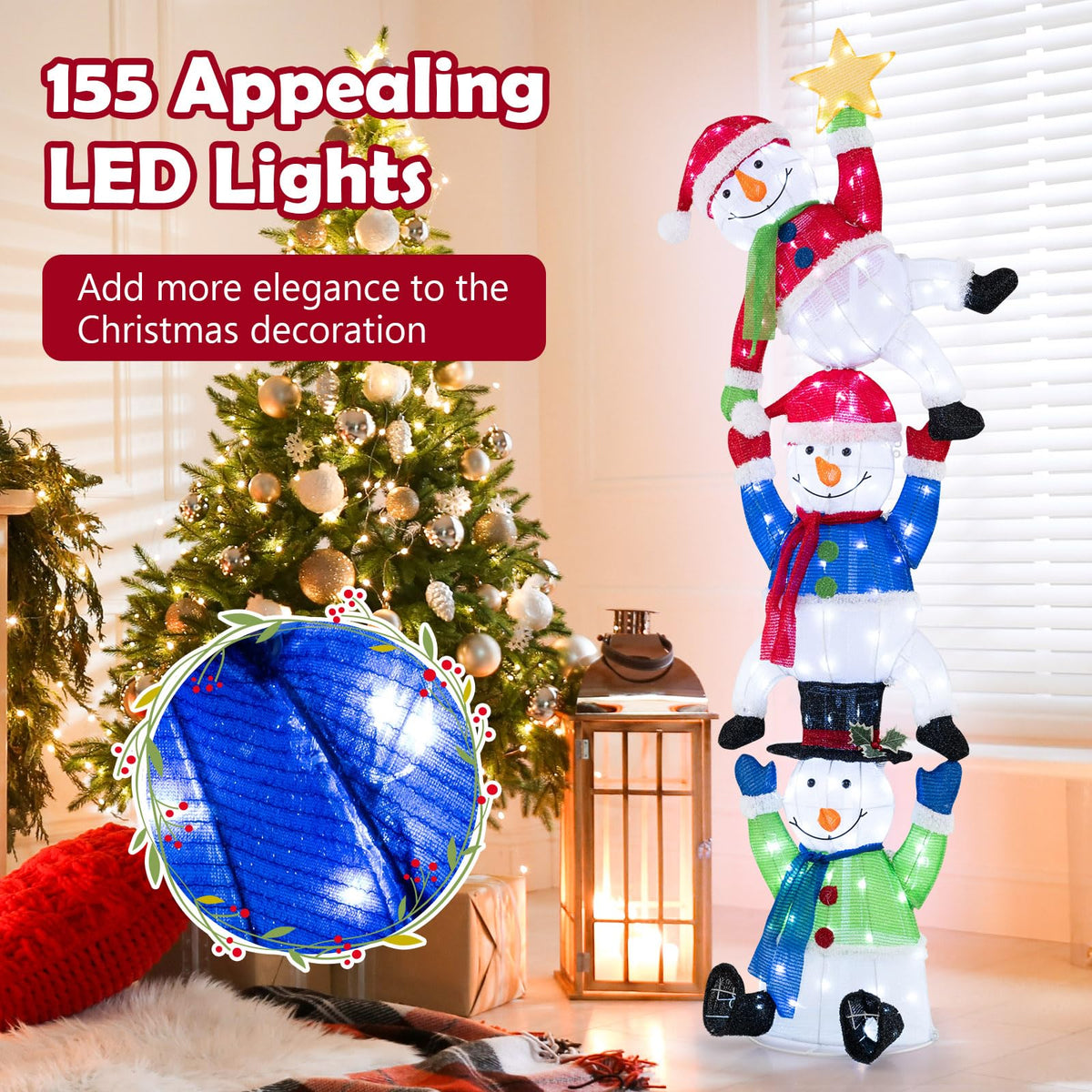 Lucktree 6 ft Christmas Stacked Snowman, 3D Pre-Lit Snowman Decoration w/ 155 LED Lights