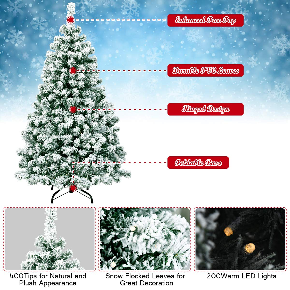 Lucktree 4.5ft / 6 ft / 7.5ft Artificial Snow Flocked Christmas Tree, Pre-Lit Snowy Hinged Xmas Tree with Led Lights and Metal Stand - LucktreeUS