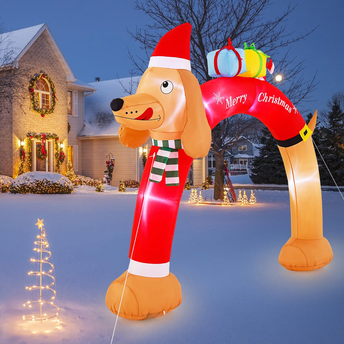 Lucktree 10 FT Lighted Inflatable Christmas Dachshund Arch, Blow Up Christmas Arch w/LEDs & Built-in Air Blower