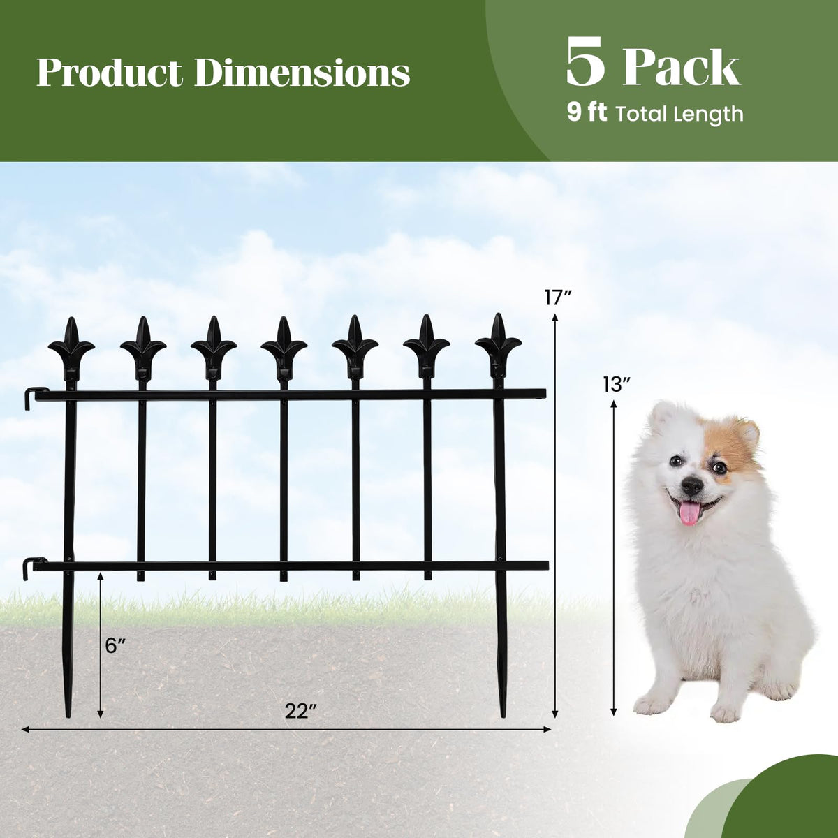 Lucktree No Dig Decorative Metal Garden Fence with Fleur-de-Lis Finials