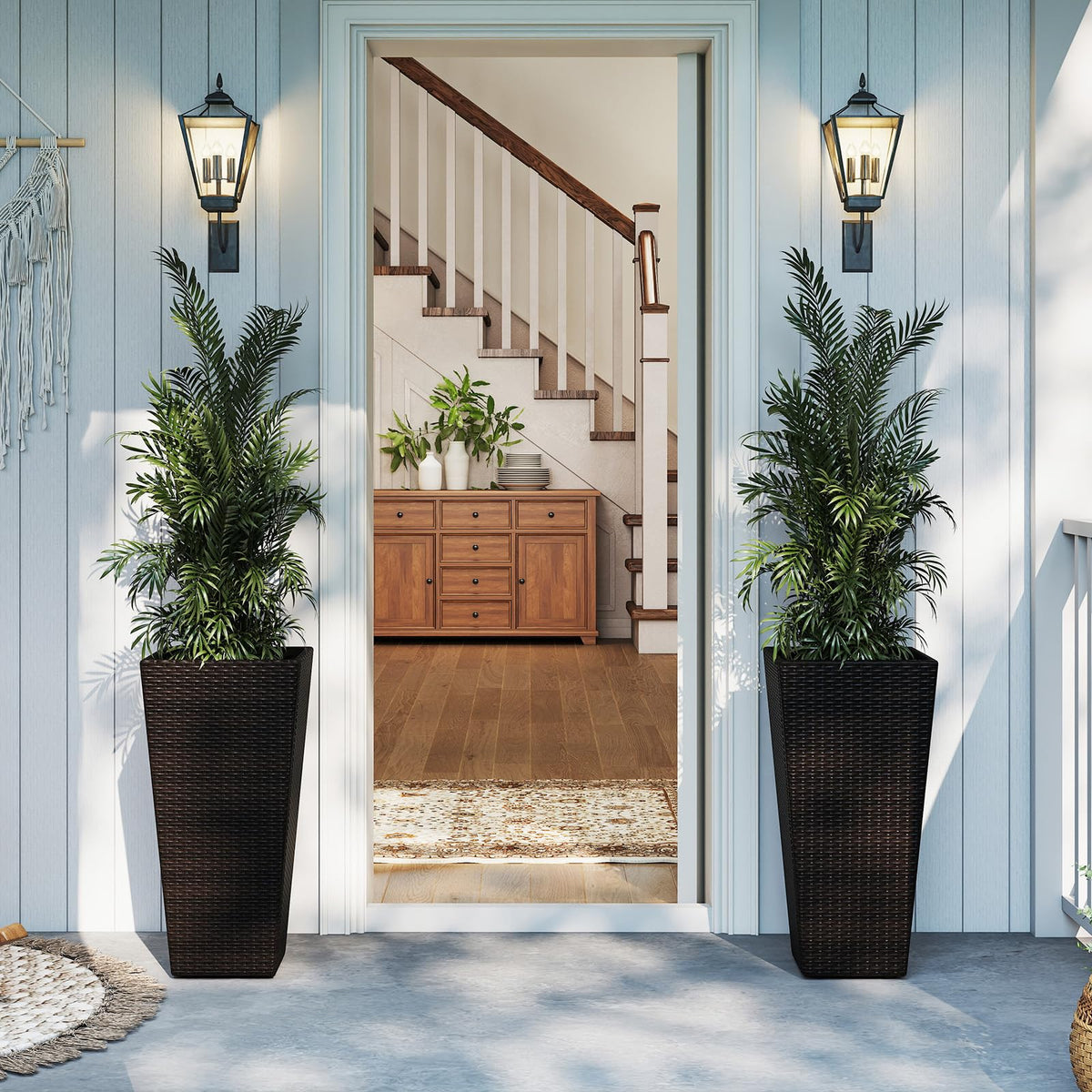 Lucktree Set of 2 Outdoor Wicker Flower Pot 30 Inch Tall Planters with Drainage System PE Rattan Flower Pots