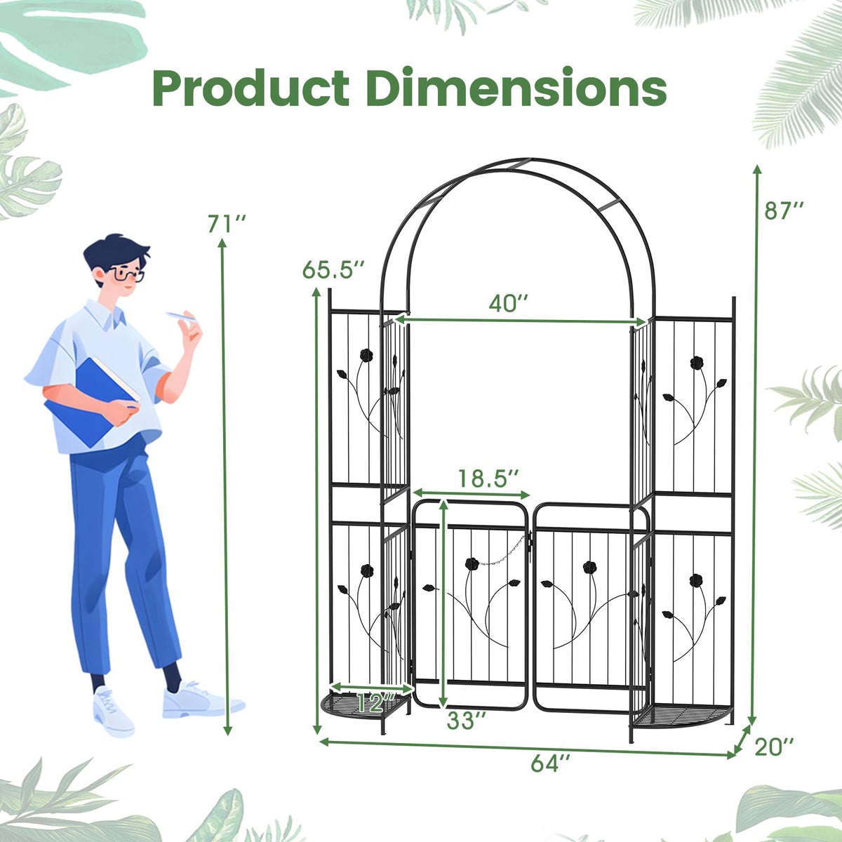 Lucktree 87'' Metal Garden Arbor with Lockable Gate and Planter Shelves