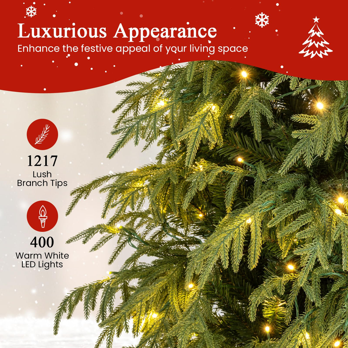 Lucktree 7 FT Pre-Lit Artificial Christmas Tree, Hinged Faux Xmas Tree with 1217 Soft TPE & PVC Mixed Branch Tips