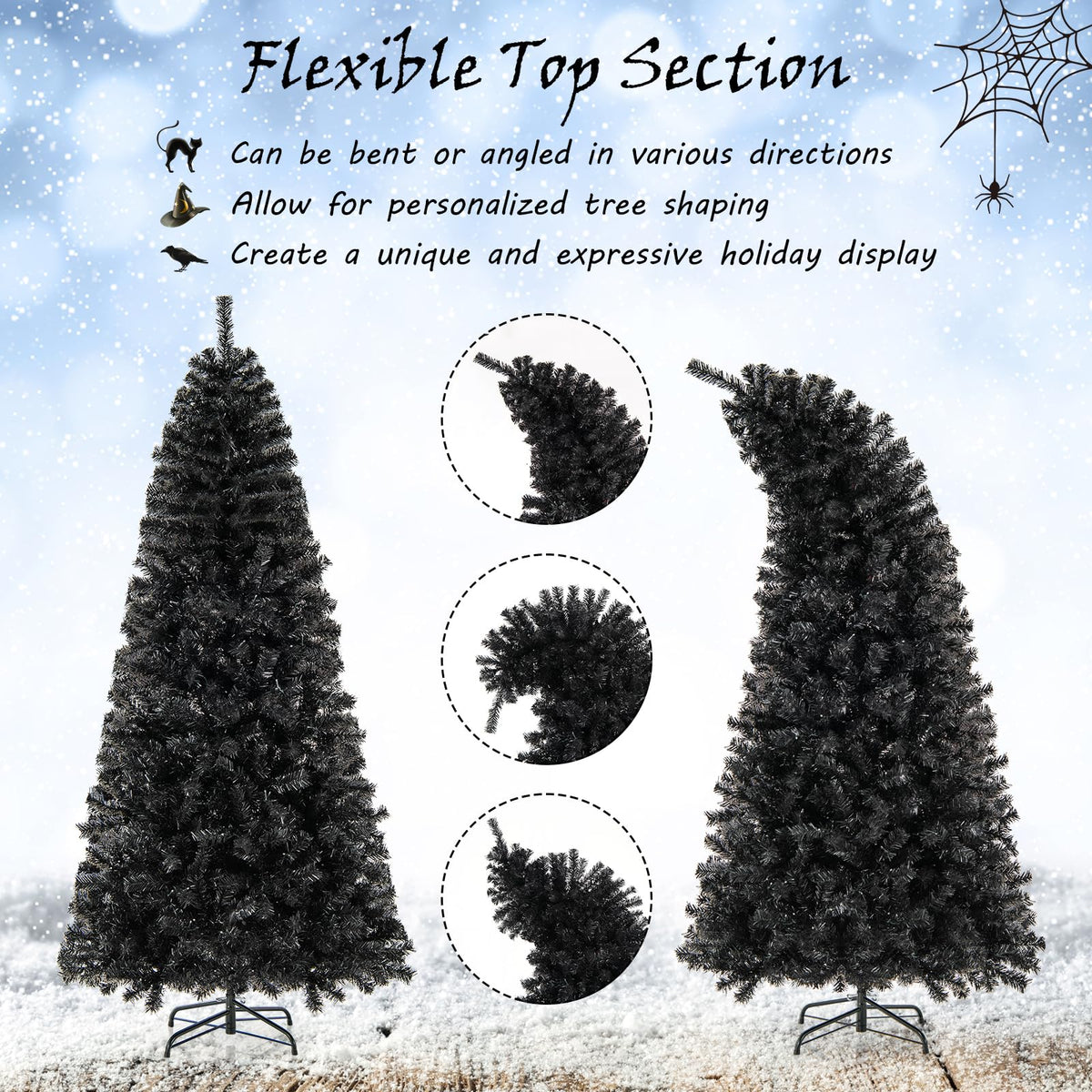 Lucktree 7 FT Artificial Halloween Tree, Pre-Lit Black Christmas Tree with Bendable Top Section