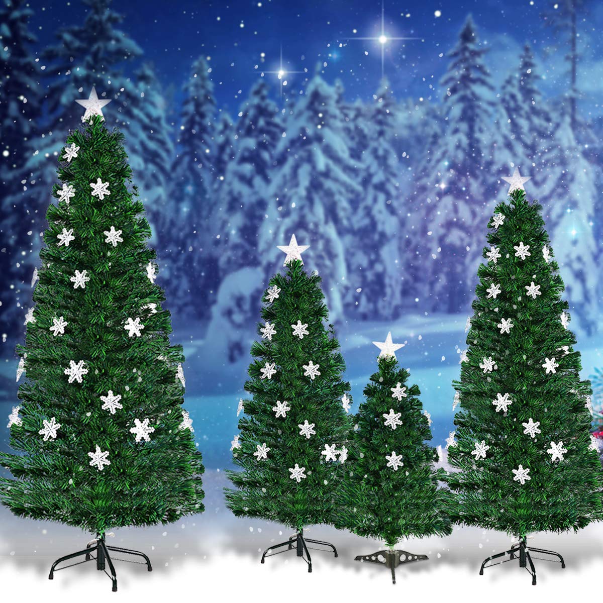 Lucktree 4ft Pre-Lit Fiber Optic Christmas Tree Artificial Xmas Full Tree with Colorful Snowflake LED Lights