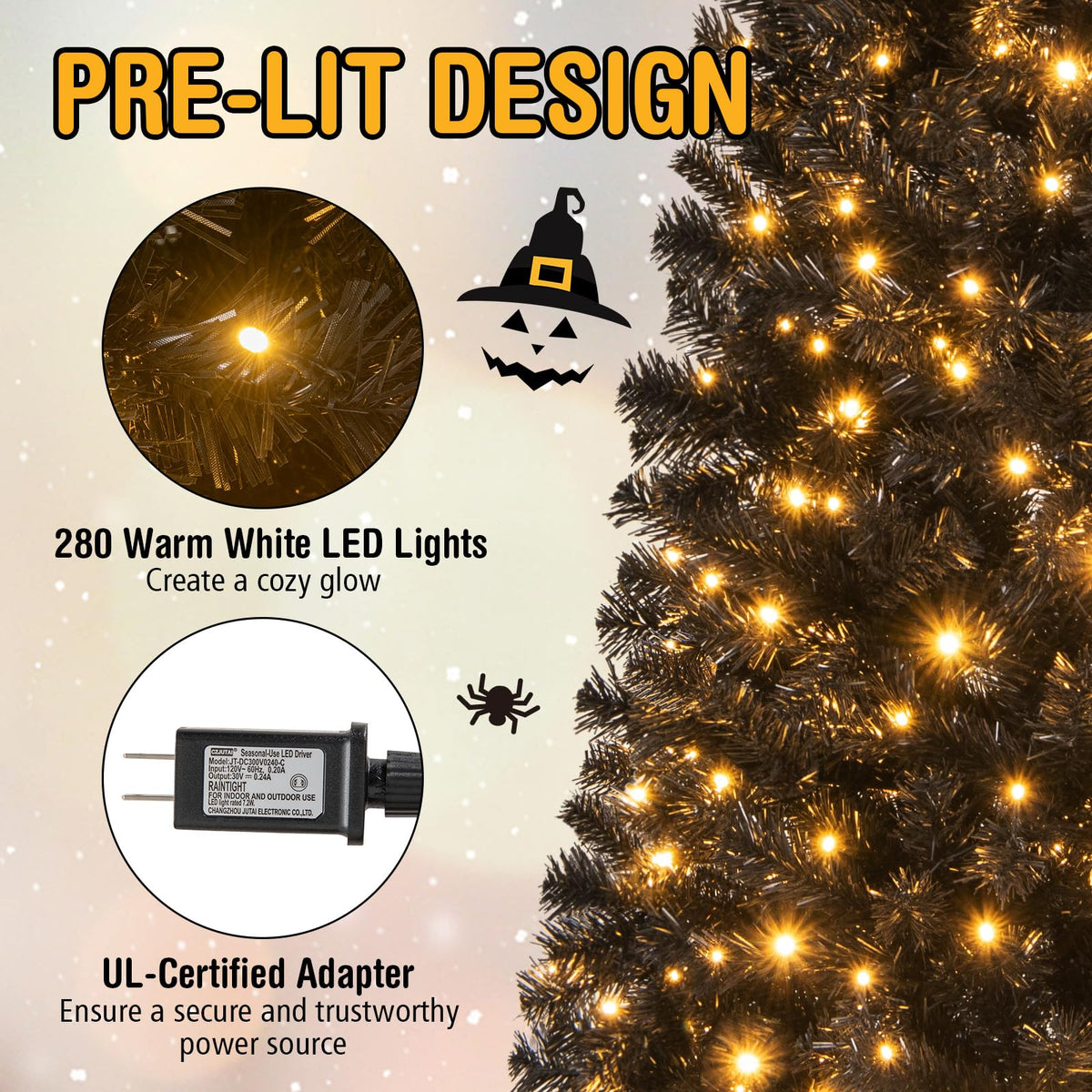 Lucktree Black Pencil Christmas Tree, Pre-lit Artificial Halloween Tree