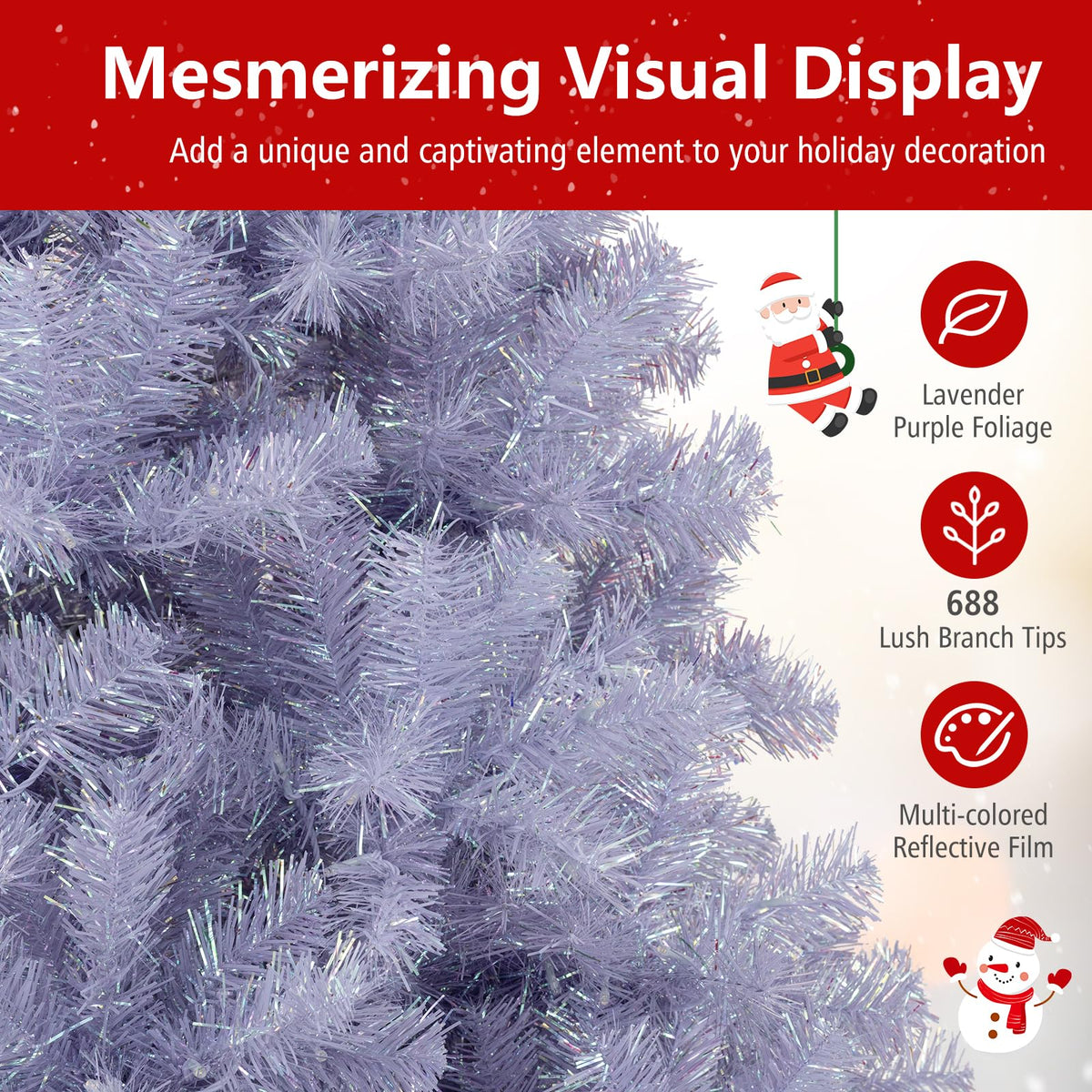Lucktree 6FT / 7.5FT Pre-Lit Tinsel Christmas Tree with Warm White LED Lights