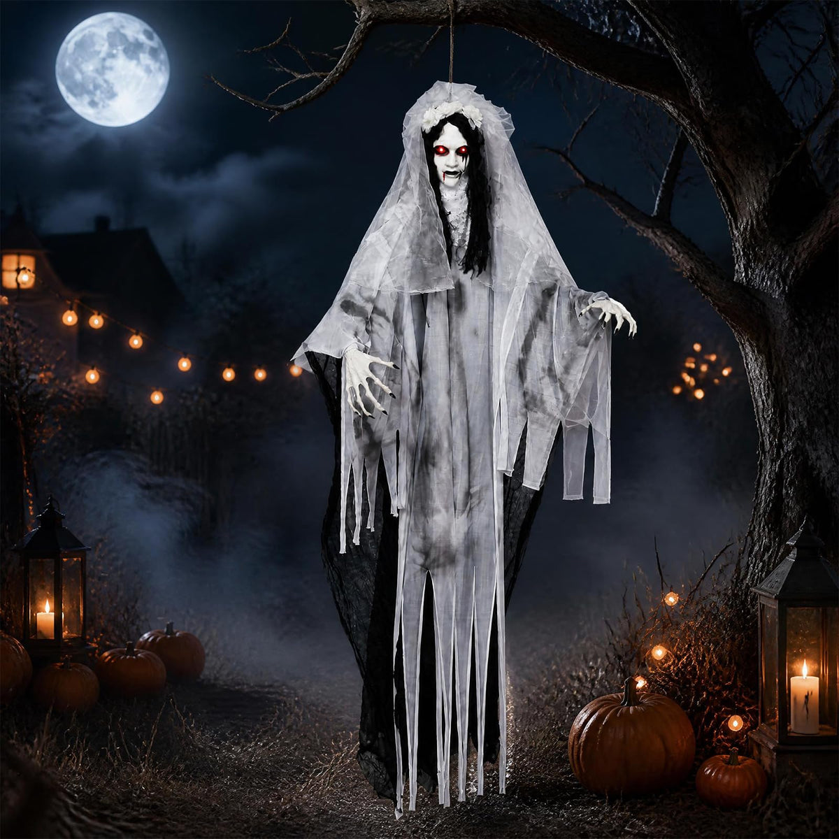 Lucktree 6 FT Animated Halloween Ghost Bride Decoration with Lighted Eyes