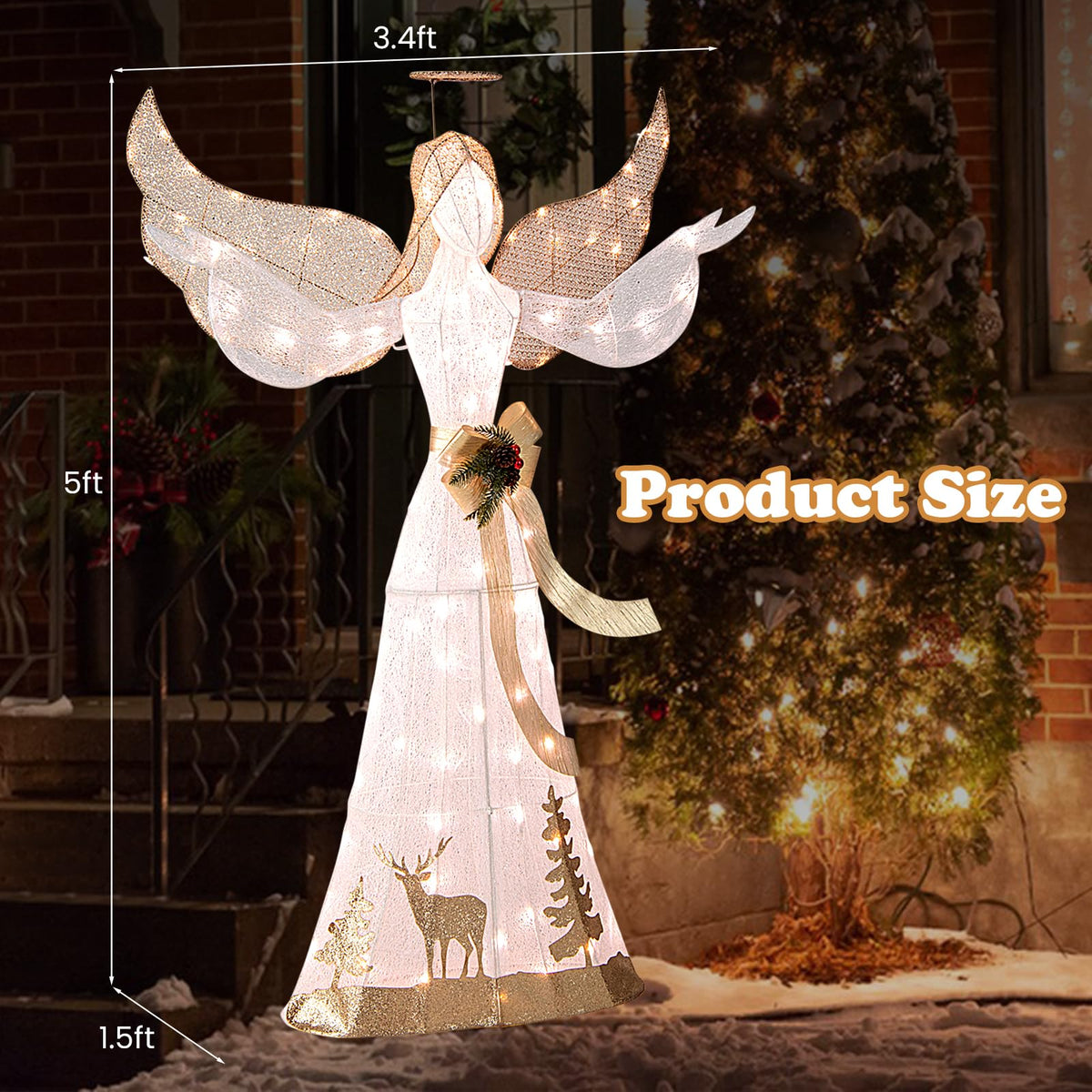 Lucktree Pre-lit 3D Glittered Angel with 100 Warm White Lights Halo Bow Ground Stakes