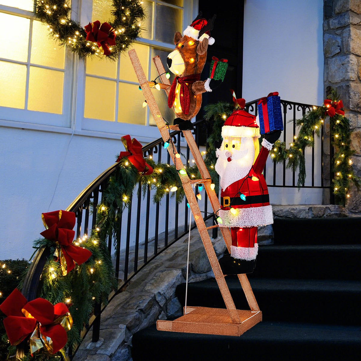 Lucktree 5.5 FT Lighted Reindeer & Santa Claus on Ladder