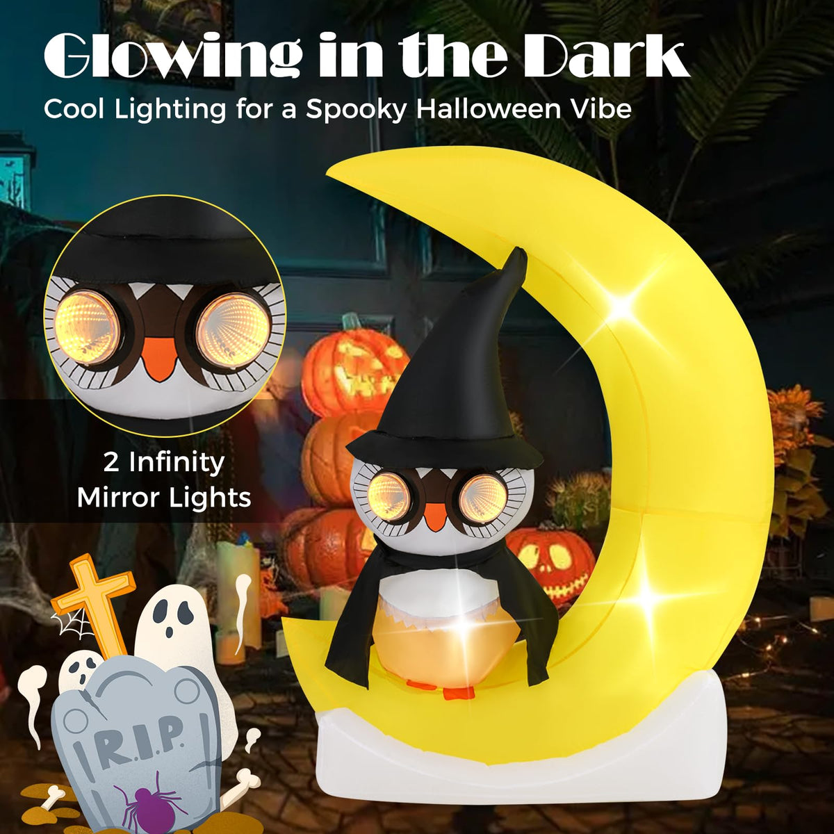 Lucktree 5.1 Ft Halloween Inflatables, Pre-Lit Owl on The Moon with Witch Hat