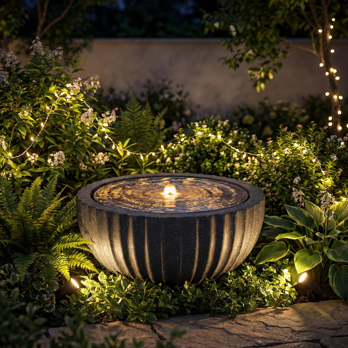 Lucktree 17.5"/18" Round Outdoor Water Fountain with 6 LED Lights