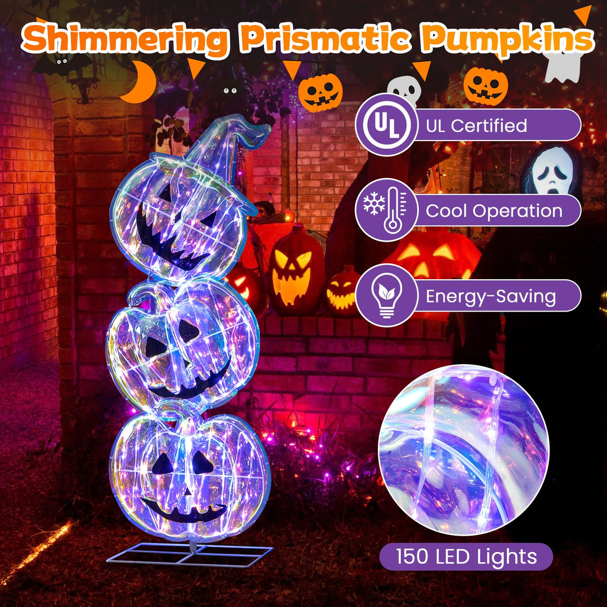 Lucktree 3.4 Ft Halloween Decorations, Light up Stacked Pumpkins with 150 LED Lights