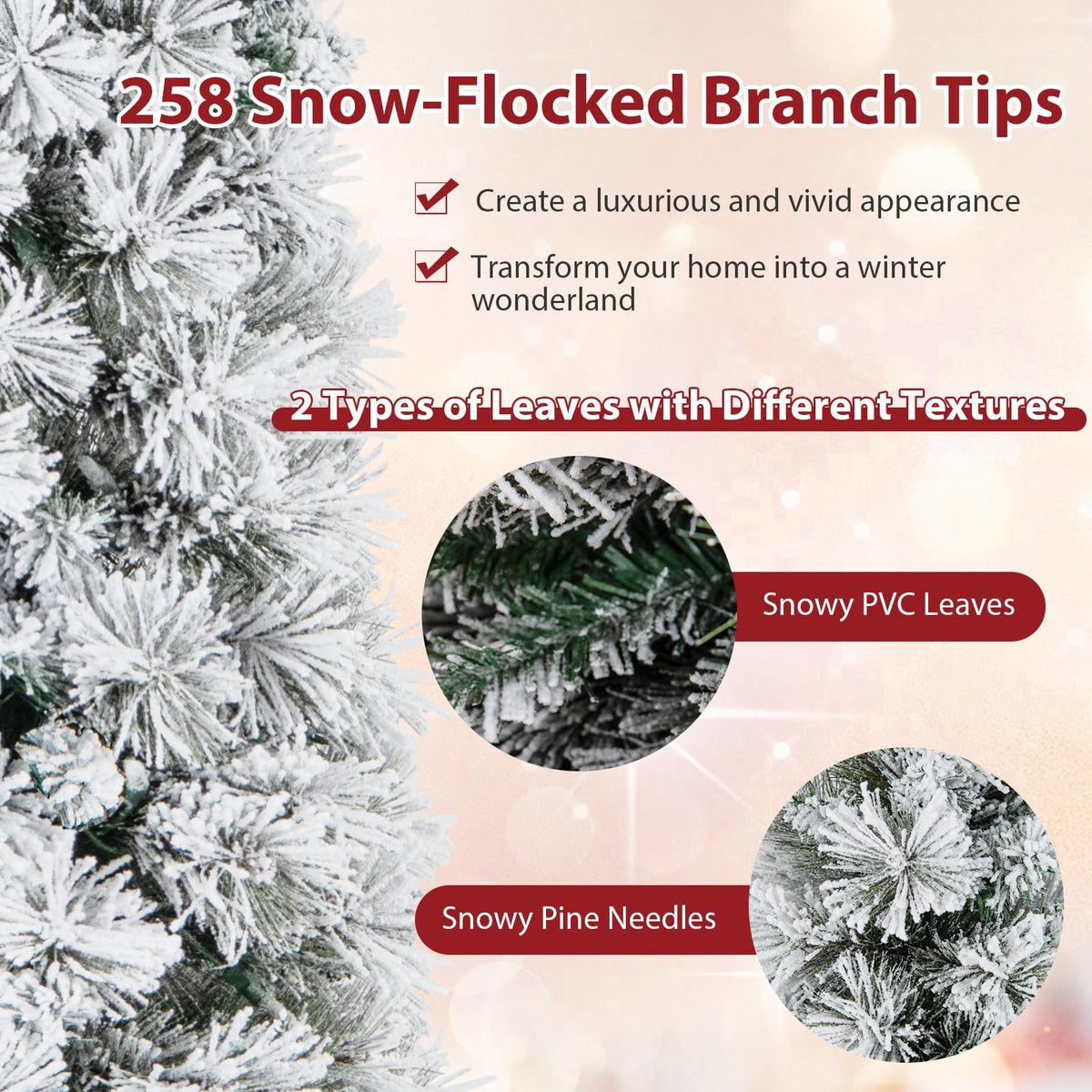 Lucktree Pre-Lit Snow Flocked Pencil Christmas Tree for Home Office Holiday Decor