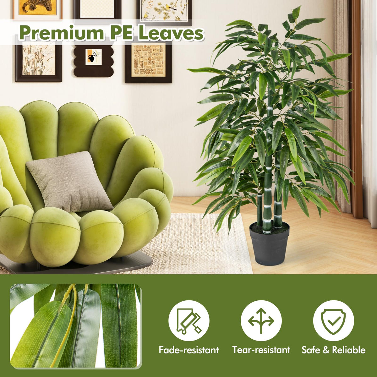 Lucktree Artificial Bamboo Tree, 50" Tall Set of 2 Fake Bamboo Plant with 3 PE Bamboo Trunk & Flush Leaves