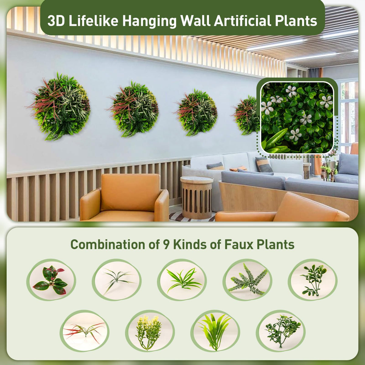 Lucktree 2 Pack Hanging Artificial Plants Panels, 20" Round Framed 3D Greenery Wall Art Decor