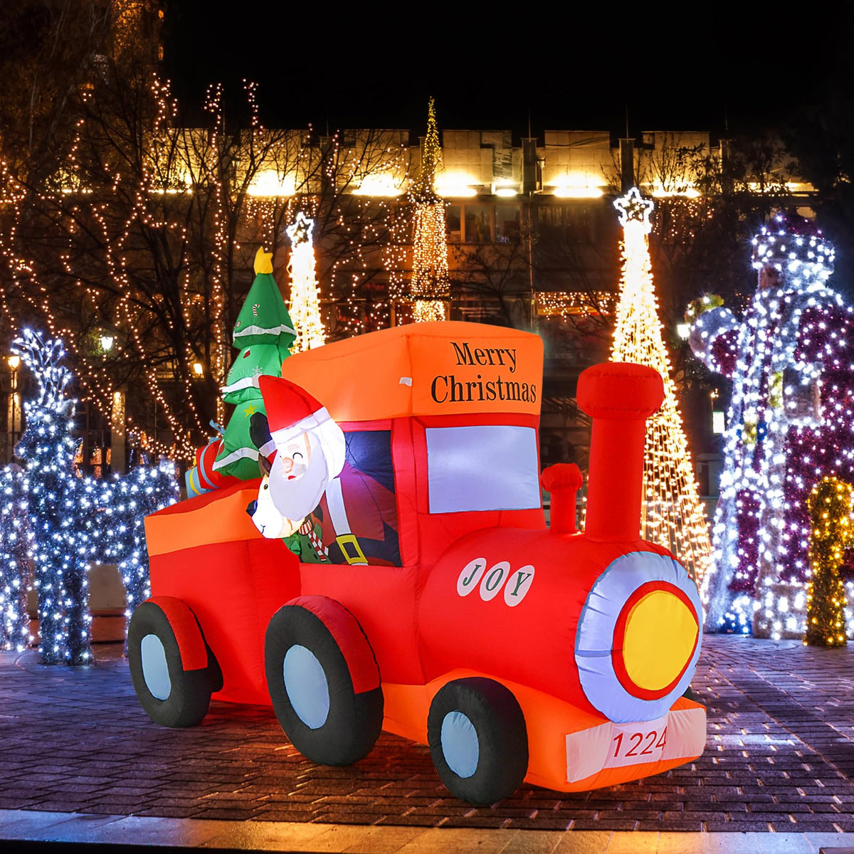 Lucktree 8.6 FT Lighted Christmas Inflatable Santa Claus on Train with Deer & Christmas Tree