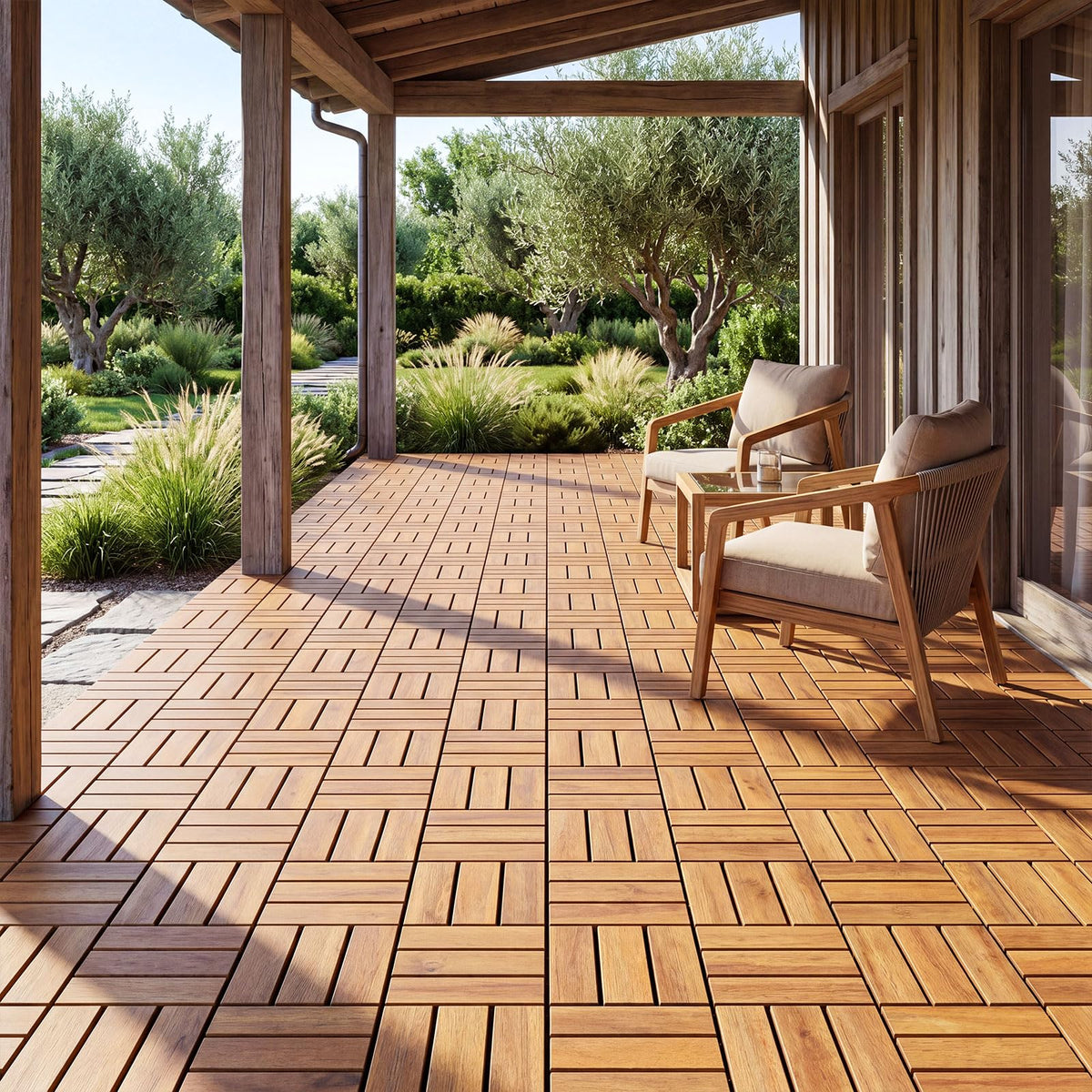 Lucktree 12" x 12" Interlocking Acacia Wood Deck Tiles