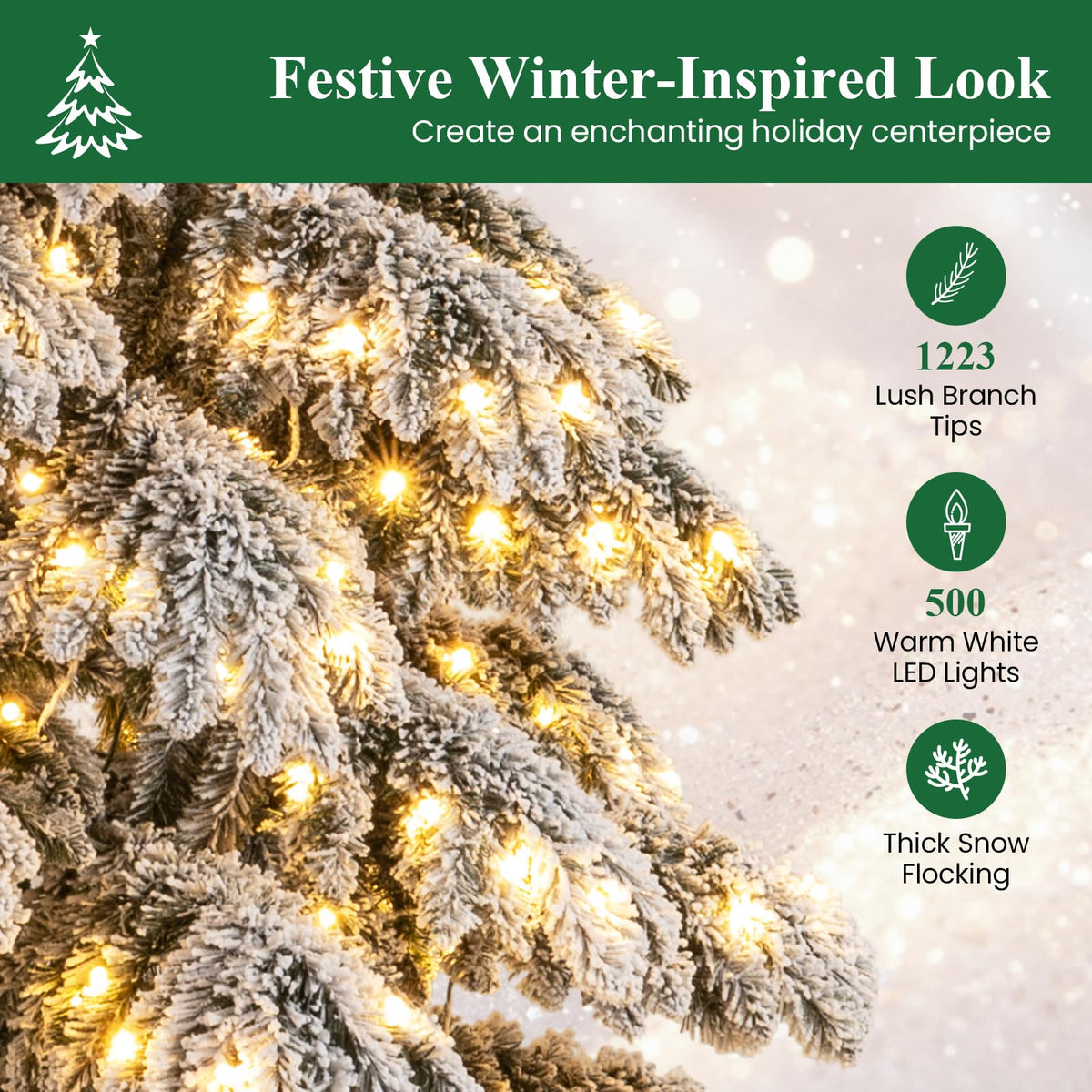 Lucktree 9 FT Pre-Lit Snow Flocked Drooping Christmas Tree with Quick Power Connectors