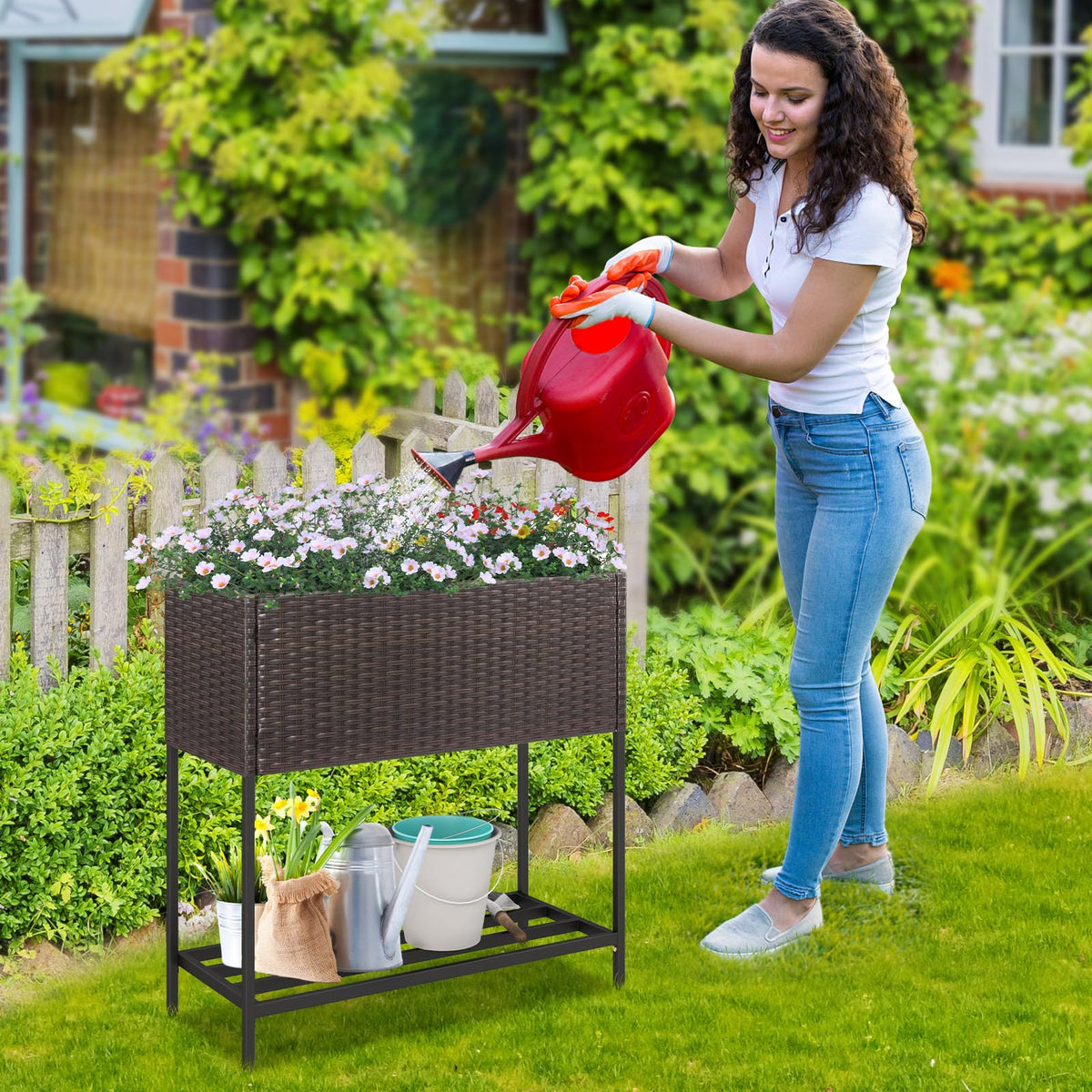 Lucktree Raised Garden Bed with Legs, Rattan Elevated Planter Box w/Storage Shelf