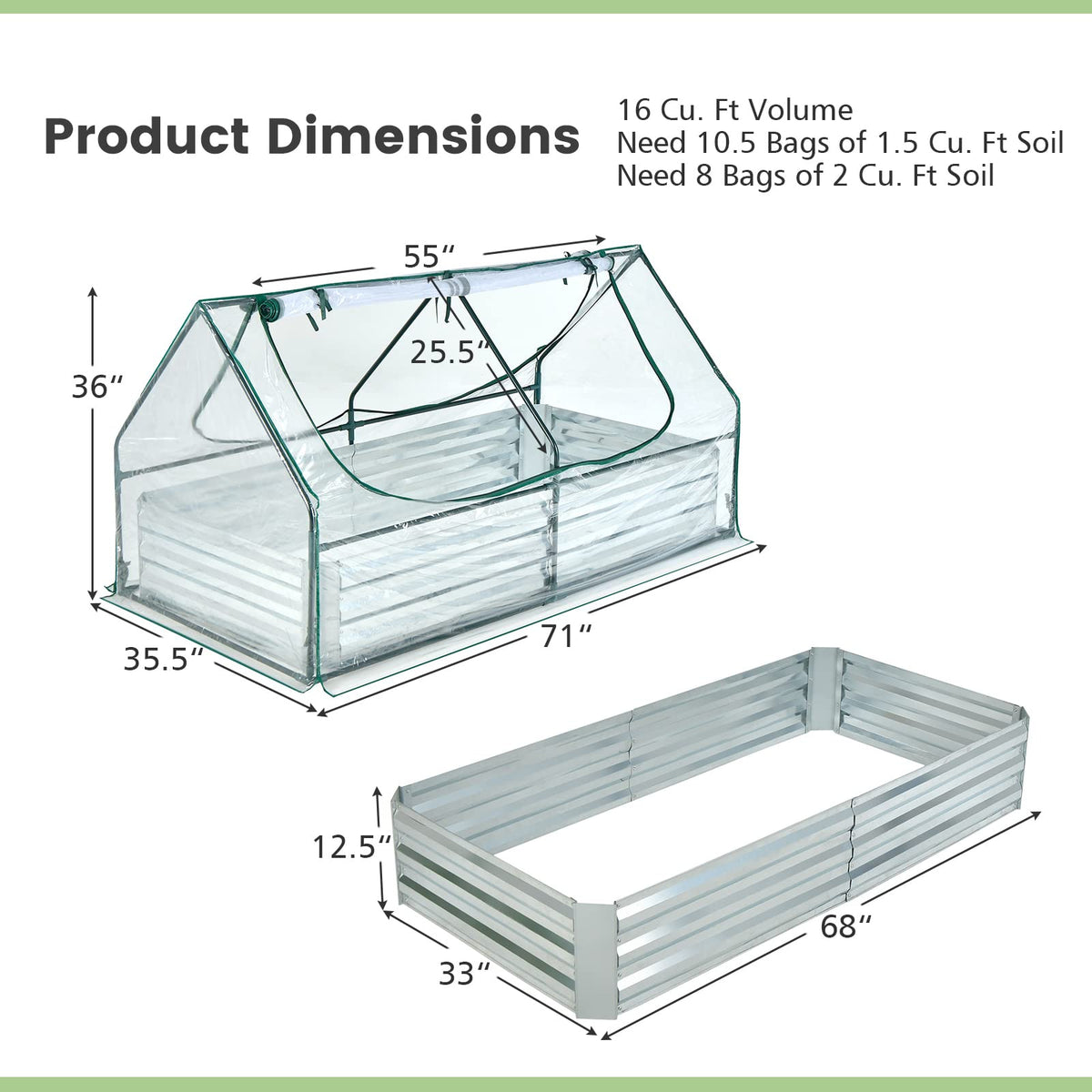 Lucktree Galvanized Steel Raised Garden Bed with Mini Greenhouse, Outdoor Metal Planter Box Kit with Large Roll-up PVC Cover