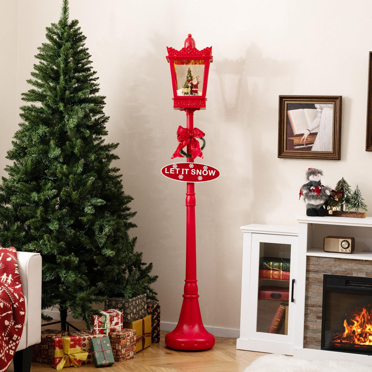 Lucktree 8 ft Musical Christmas Streetlight w/Warm White LED Lights Snowy Effects Santa Scene