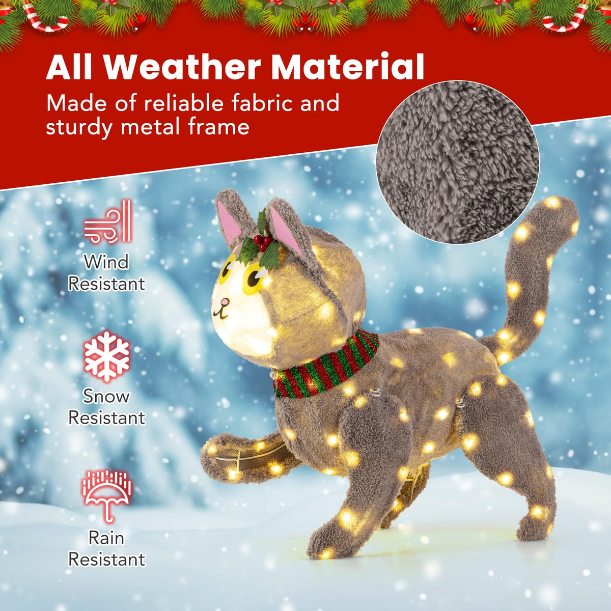 Lucktree Lighted Christmas Cat, Indoor Outdoor Kitty Decoration w/ 88 LED Lights