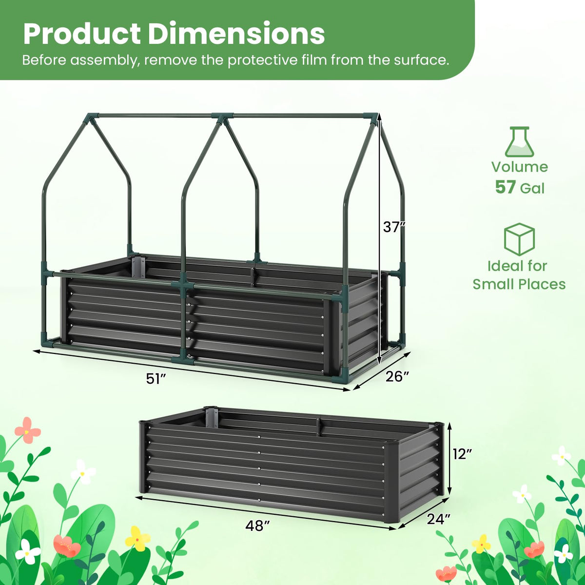 Lucktree 4x2x3 FT Galvanized Raised Garden Bed with Greenhouse Cover