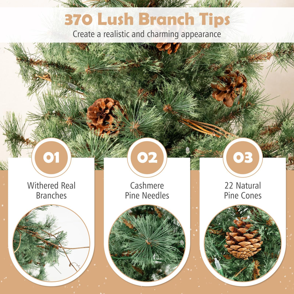 Lucktree Cashmere Christmas Tree with Pine Needles LED Lights with Bulb Cover