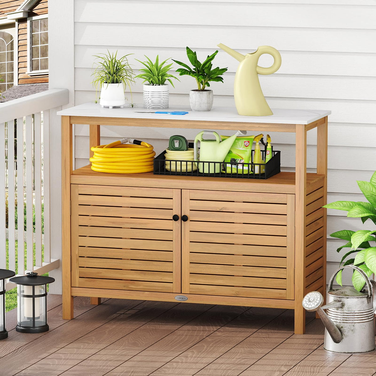 Lucktree Outdoor Potting Bench Acacia Wood Large Planting Workstation with 2-Door Storage Cabinet